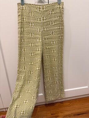 High-Waist Linen Blend Pants in Olive Geo Print